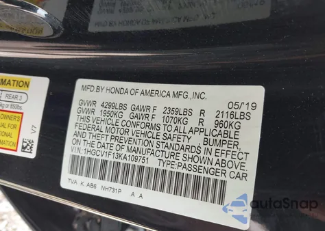 2019 Honda Accord Lx z USA, uszkodzony, nr VIN 1HGCV1F13KA109751